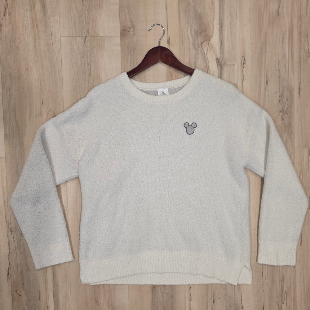 Disney Parks Mickey Mouse Fuzzy Knit Sweater Cream White Crewneck Pullover Med
